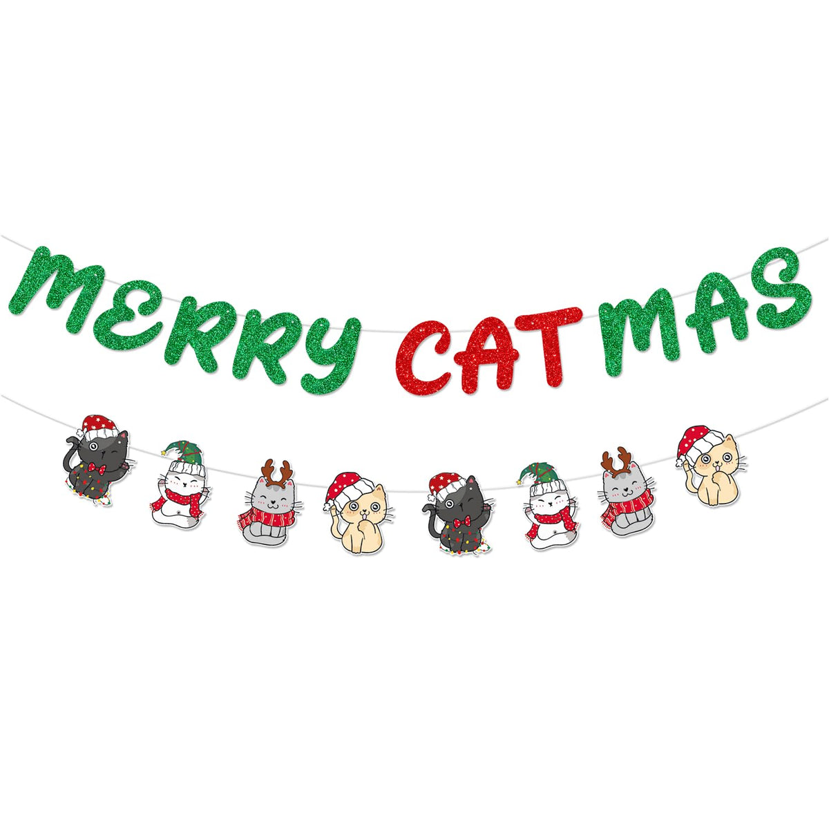 Glittery Merry Catmas Banner With Christmas Cat Patterns Green Red Meowy Christmas Fireplace Wall Garland Cat Themed Merry Xmas Holiday Party Decorations