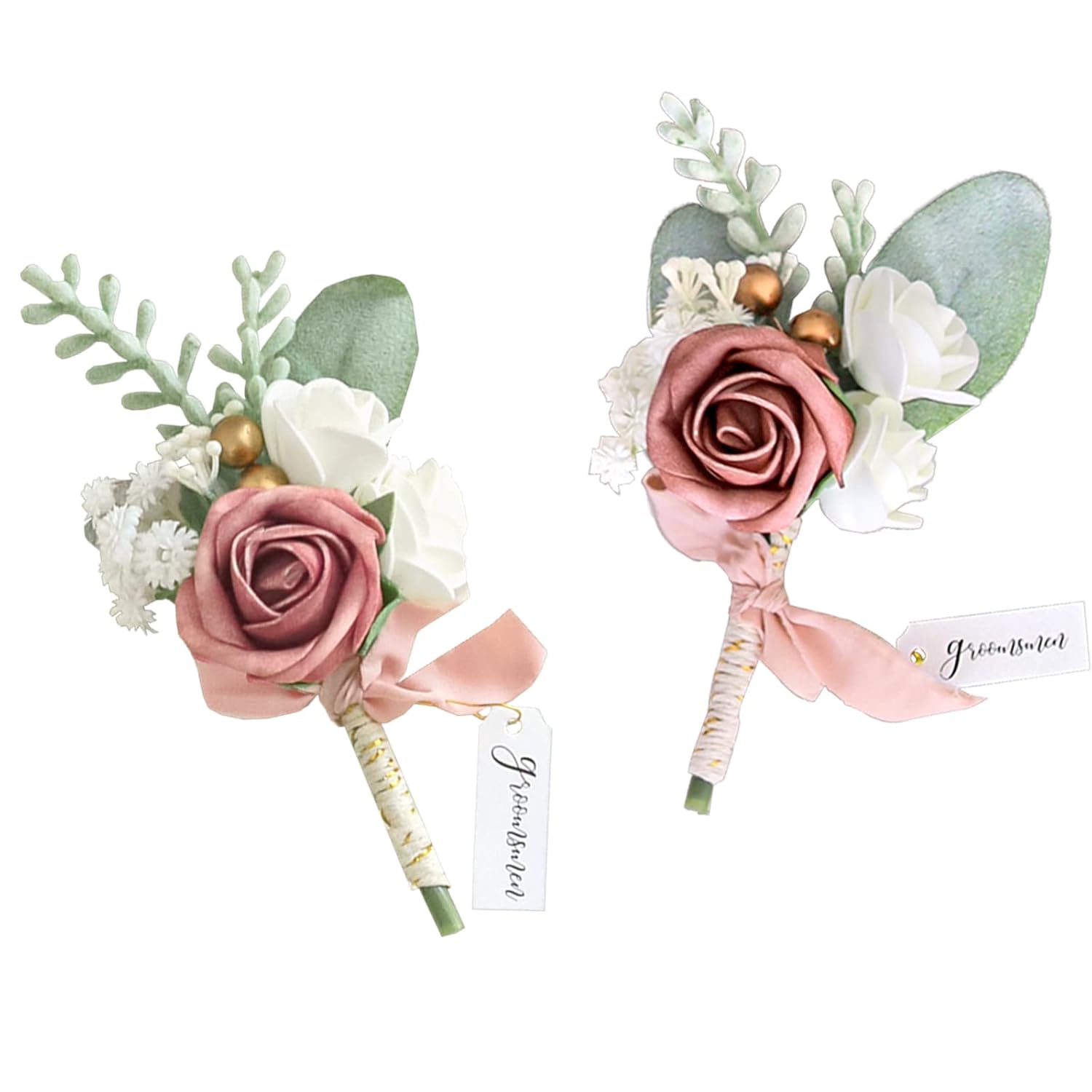 Set Of 2 Wedding Boutonniere For Men Artificial Flowers Wedding Groom Groomsmen Boutonniere For Wedding Ceremony Anniversary Formal Dinner Party, Dusty Rose