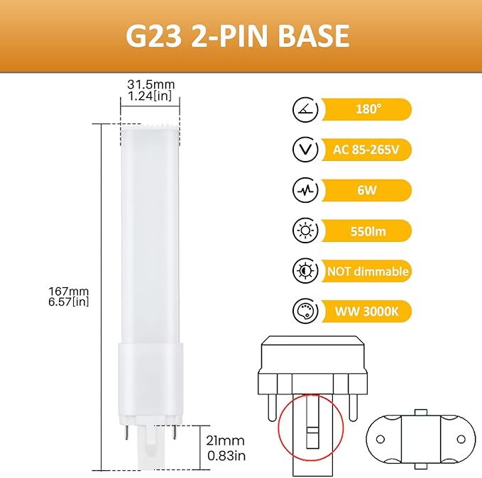 G23 LED PL-S Bulbs 2 Pack 6W 13W CFL Equivalent Warm White 2 Pin Ballast Bypass LED Replacement