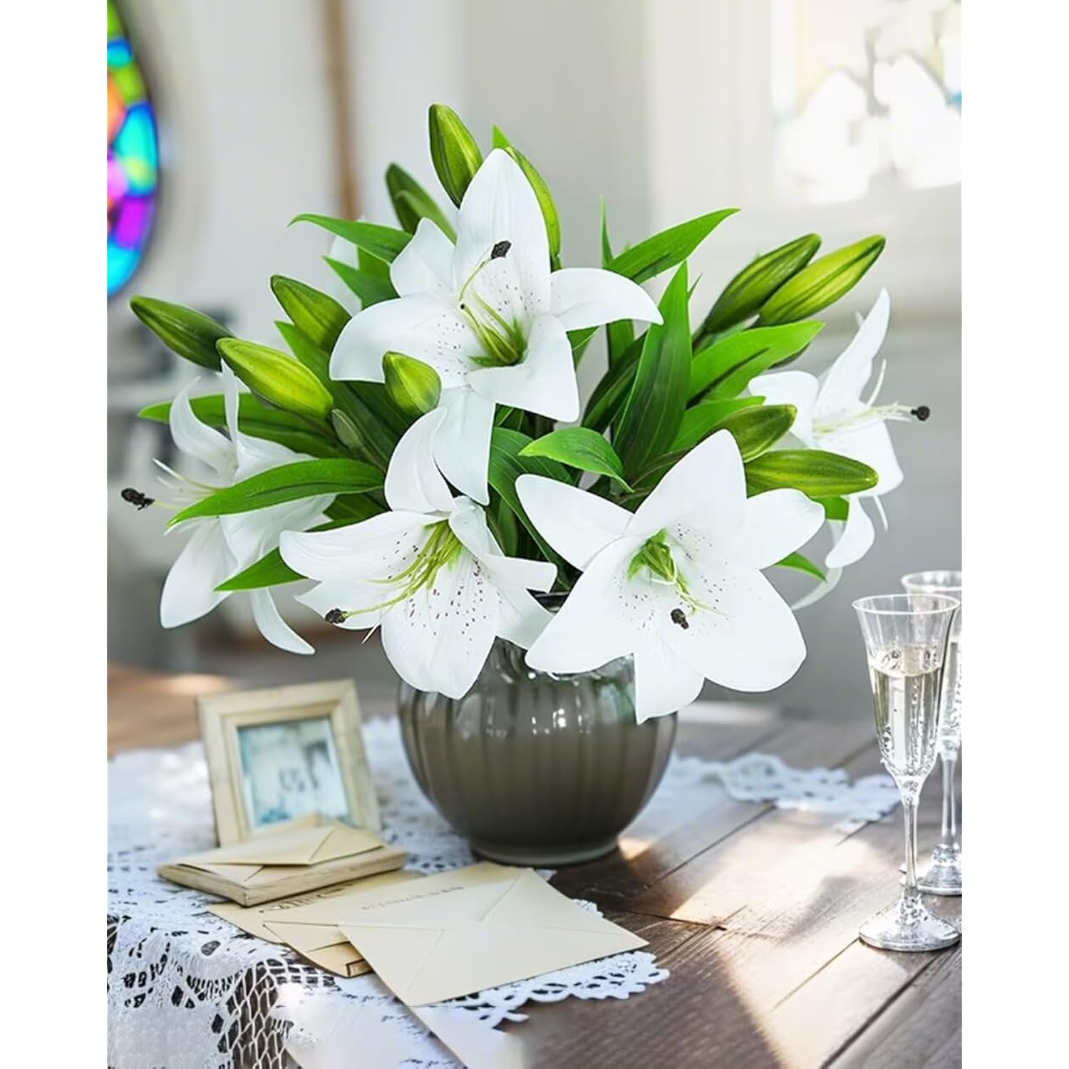 9Pcs Artificial Lily Flowers Faux Bouquets Tiger Lilies Flowers For Home Wedding Arrangement Easter Decor White S