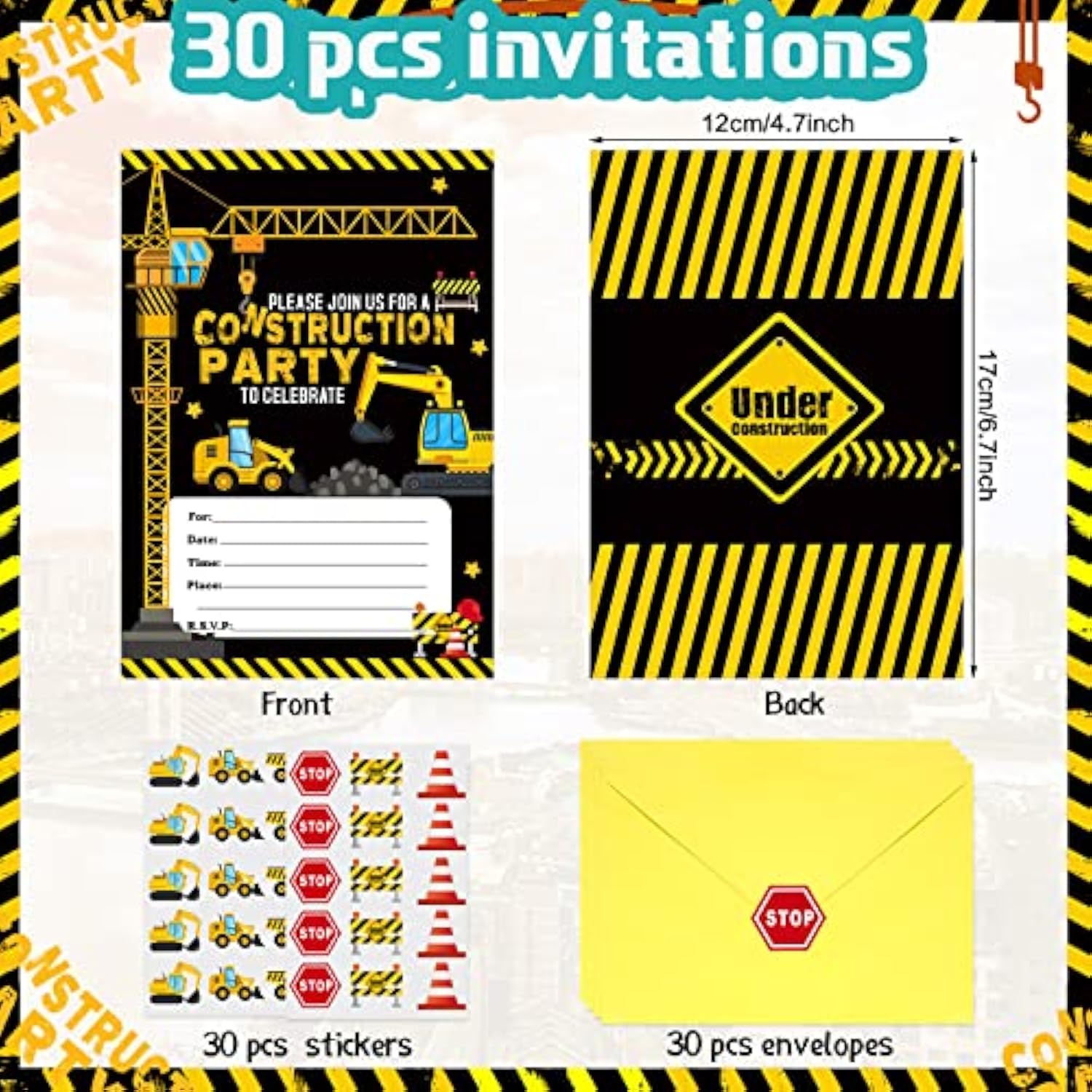 30 Pack Construction Party Invitations Construction Zone Birthday Invites With Yellow Envelopes And Stickers For Boy Kids Construction Dump Trucks Party Decoration Supplies