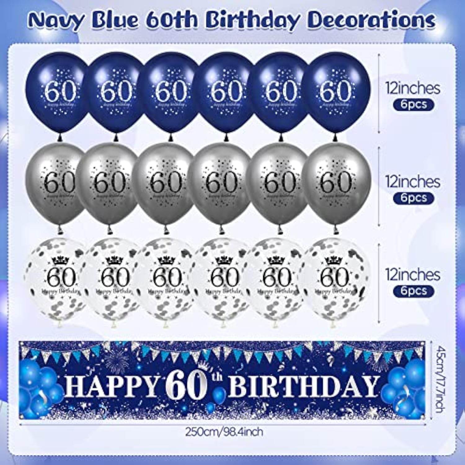 Navy Blue Silver Happy 60Th Birthday Yard Banner, Blue 60Th Birthday Balloons For Anniversary Party Decorations