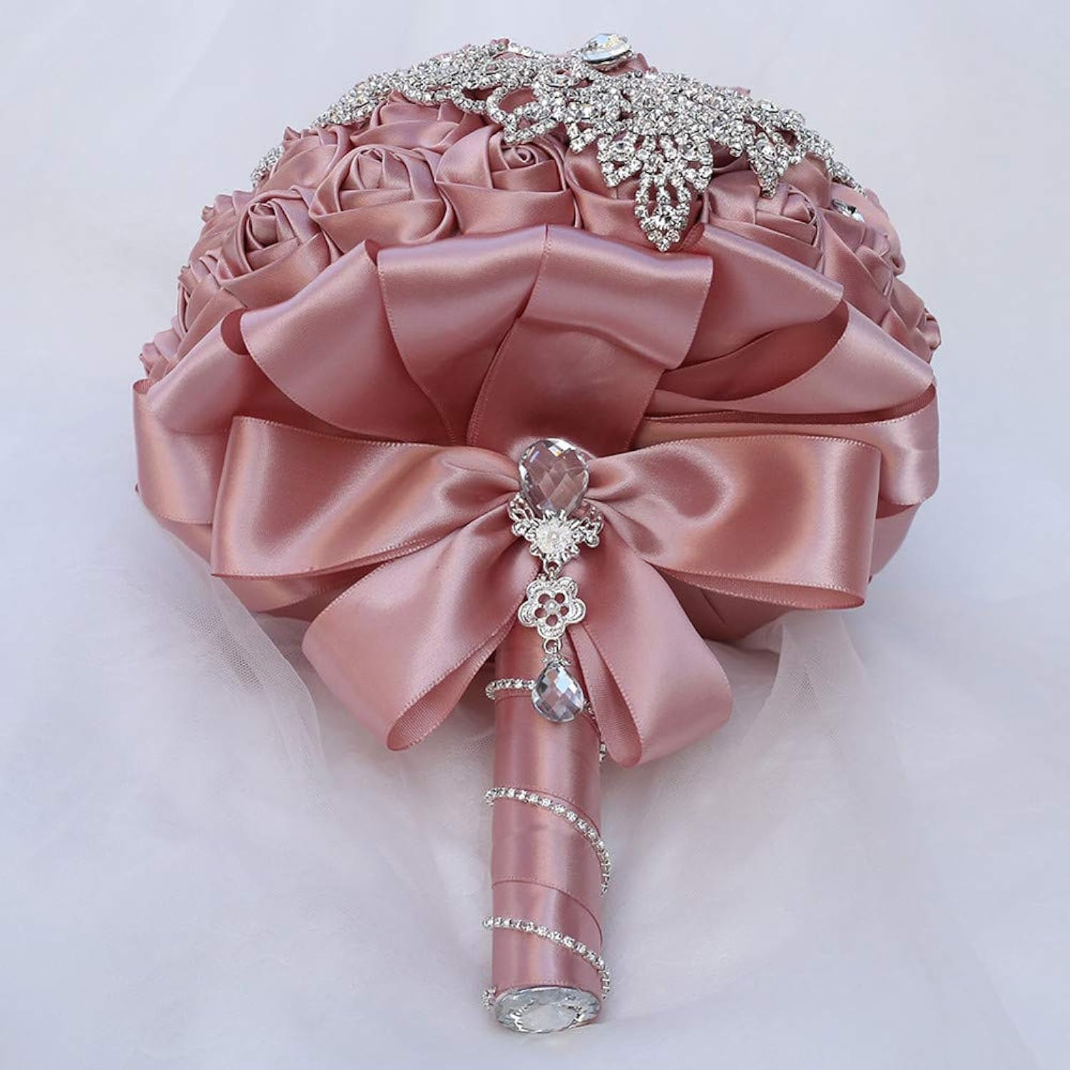 Handmade Luxury Wedding Bridal Bouquet Large Silk Rose Holding Toss Artificial Flowers Bouquets With Satin Ribbon Pearls Rhinestone For Bride Vintage Royal Wedding Bouquet (Dark Pink)