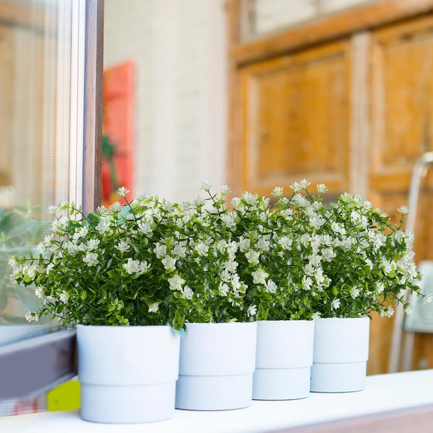 8 Bundles Artificial Flowers Fake Boxwood Shrubs Uv Resistant No Fade Faux Greenery Plastic Lotus For Home Garden Hanging Planter Indoor Outdoor Porch Patio Office Wedding Decoration(Off-White)