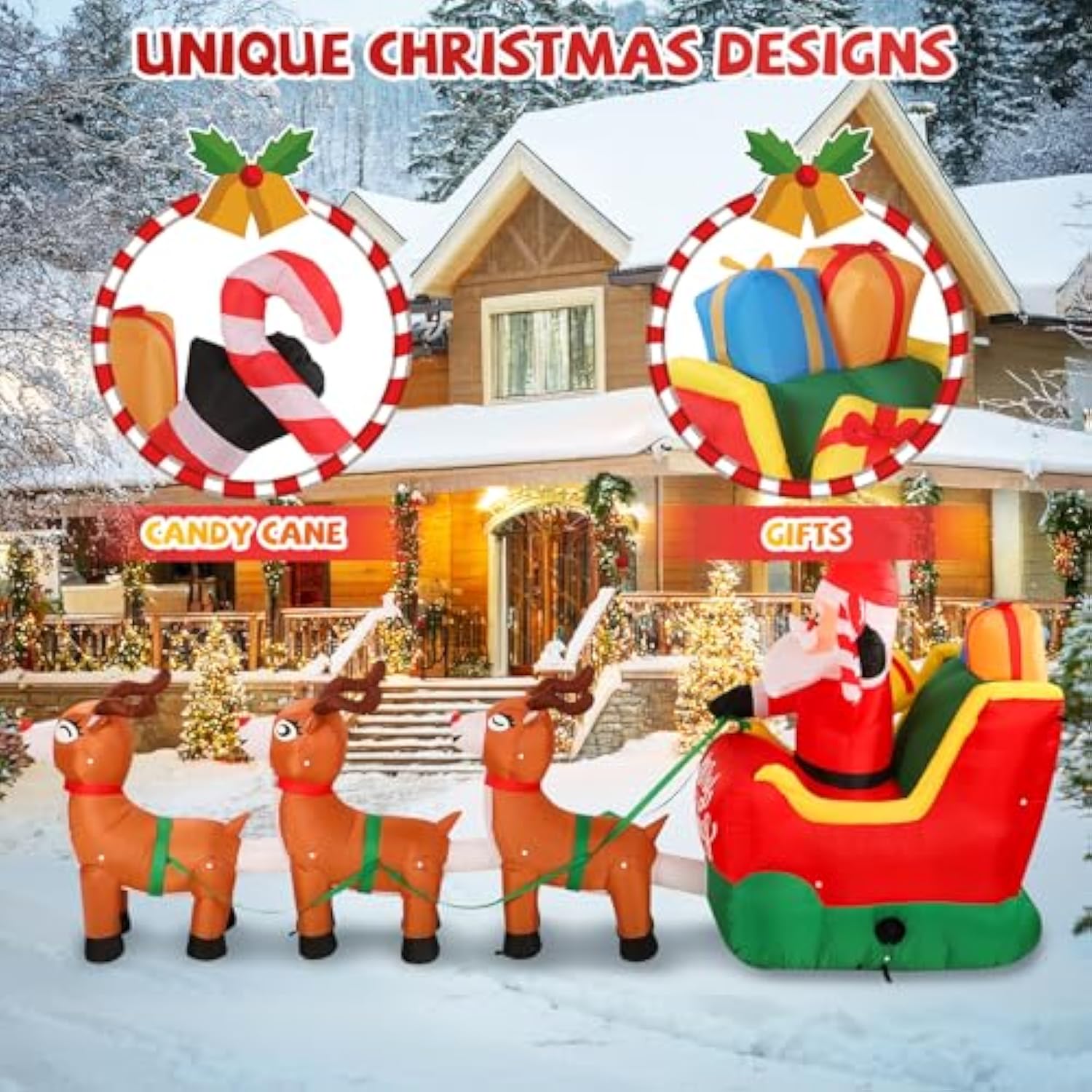 Christmas Inflatables, 12 Ft Santa Claus On Sleigh With Three Reindeer, Blow Up Inflatables With Built-In Leds, Candy Ca