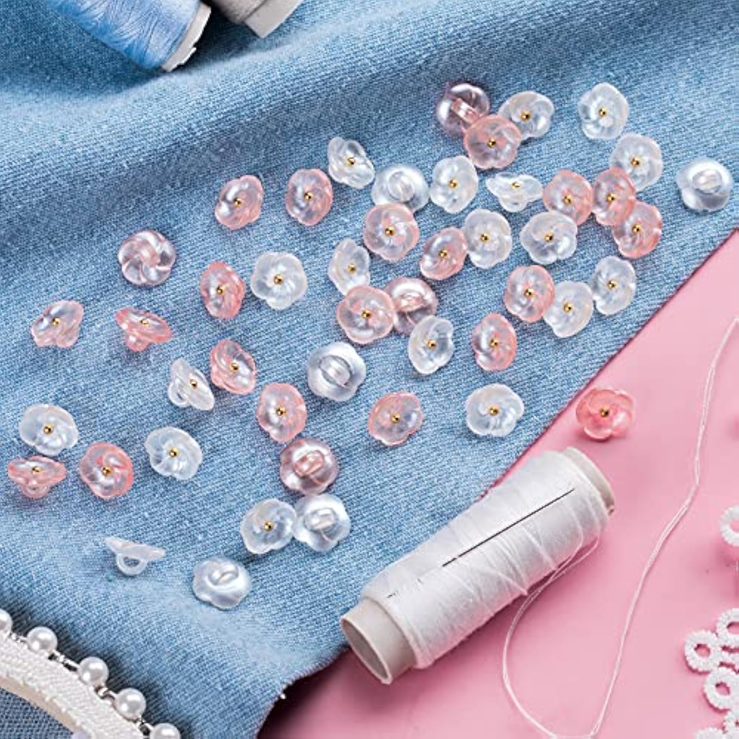 50 Pieces Flower Buttons Sew On With Shank,11.7Mm Cute Transparent But