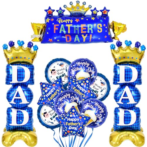 12PCS Happy Father's Day Balloons Set,Aluminum Foil Balloons Include 2 Large DAD Standing Balloons, 1 Banner, and 9 18'' Balloons. Perfect for Father's Day Decorations and Themed Party Celebrations.
