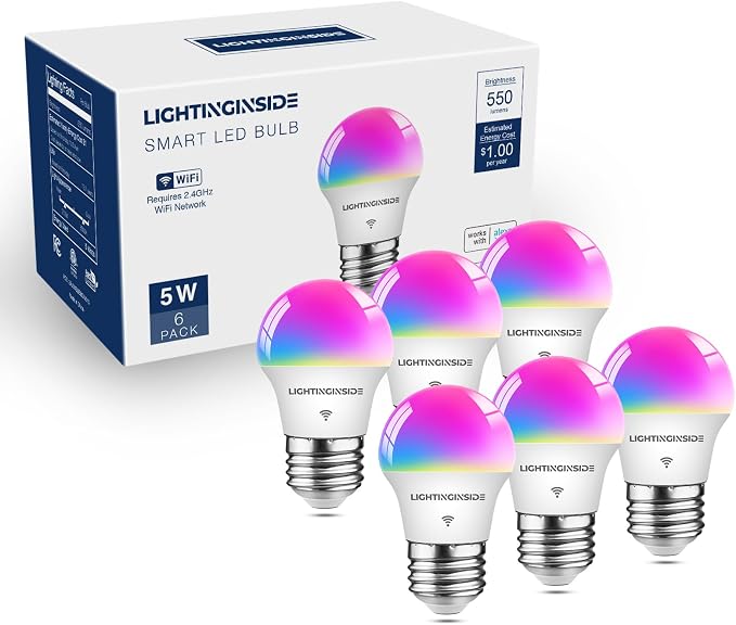 E26 Smart Light Bulbs 6 Pack G16.5 A15 RGBCW WiFi Color Changing Alexa Google Smart Bulb 50W Equivalent