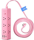 Pink Power Strip 9 Outlets 3 USB Ports 10FT Flat Extension Cord Wall Mount