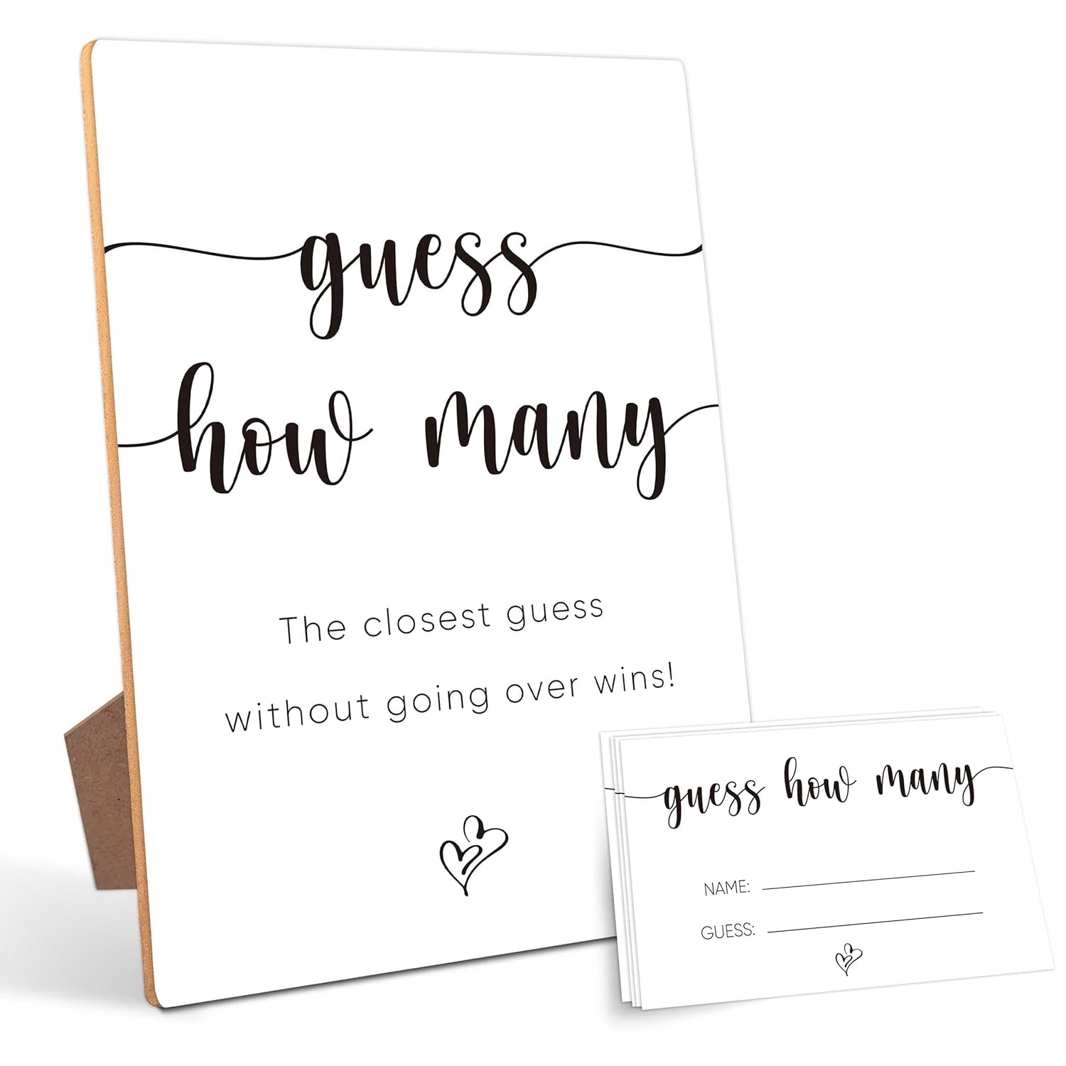 Guessing Game, Wooden Sign With Stand & 50 Cards, Party Games & Activities, 5X7 Inches, Love Theme, Bridal & Baby Showers, Office Parties