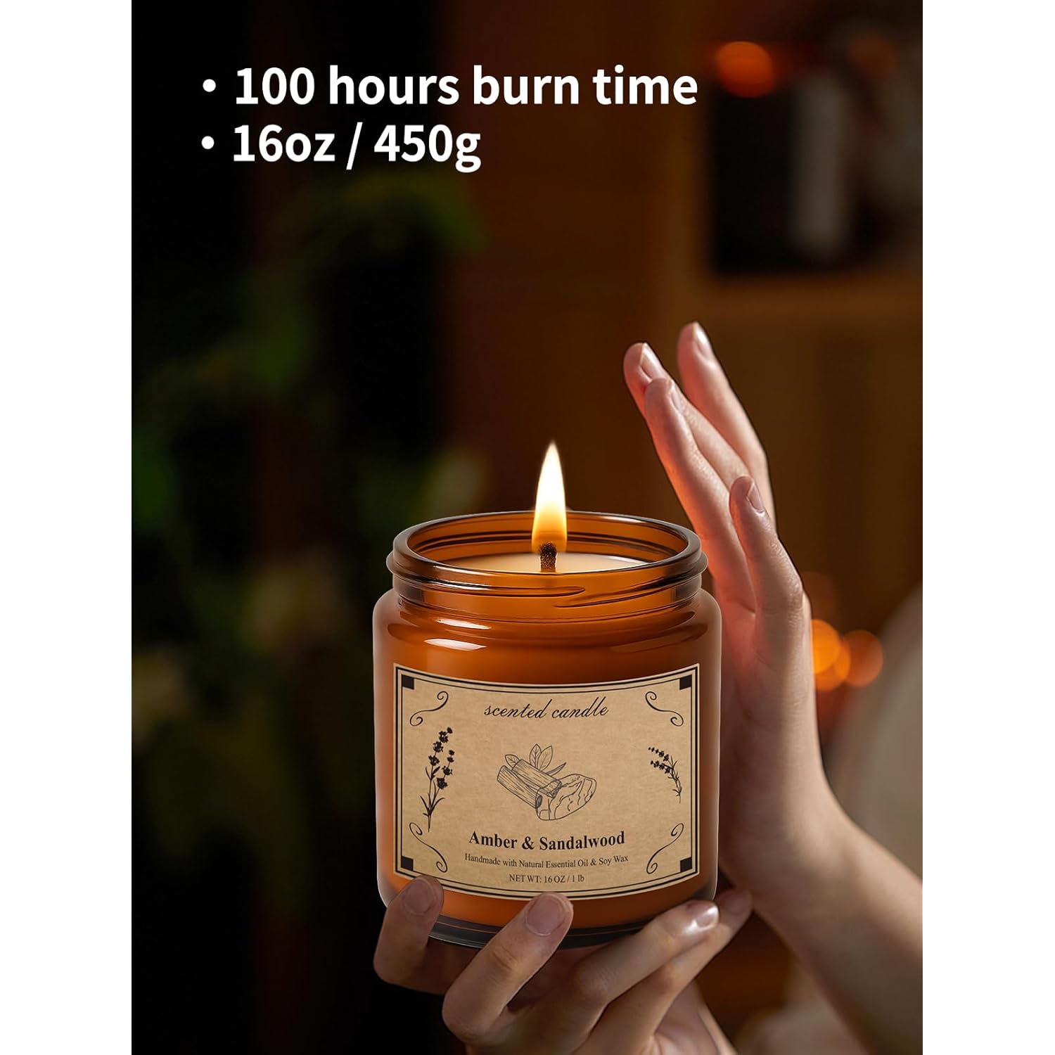 Scented Candles, 16Oz Large Jar Soy Wax Candle – Amber & Sandalwood With Premium Plant Wax Blend For Consistent Burn, Aromatherapy Candle For Home Scented, Relaxation And Gift For Women/Men