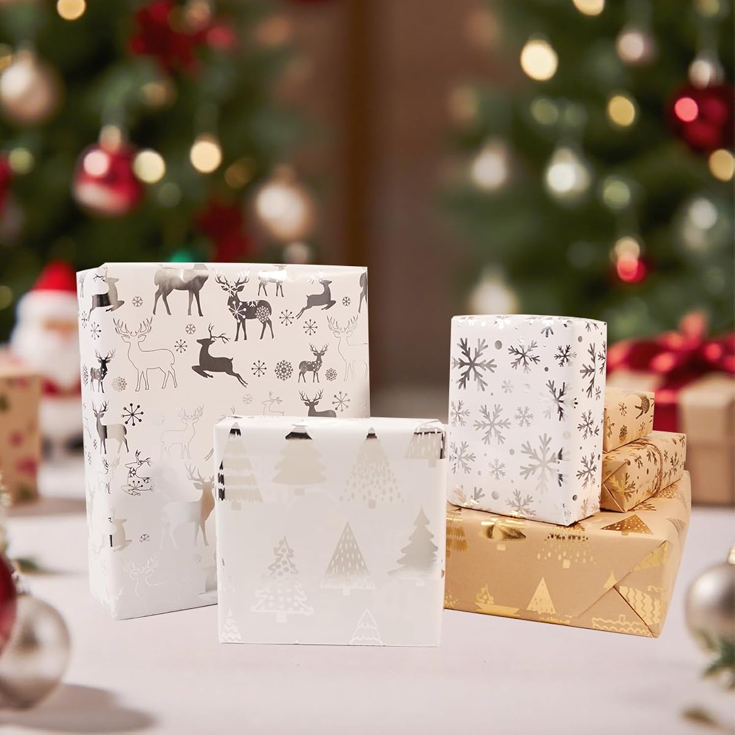 Christmas Wrapping Paper Roll,3 Rolls Silver Christmas Wrapping Paper,Silver Metallic Gift Wrap Paper,Xmas Tree Snowflake Elk Printed Assortment - Mini Roll 17 Inch X 118 Inch