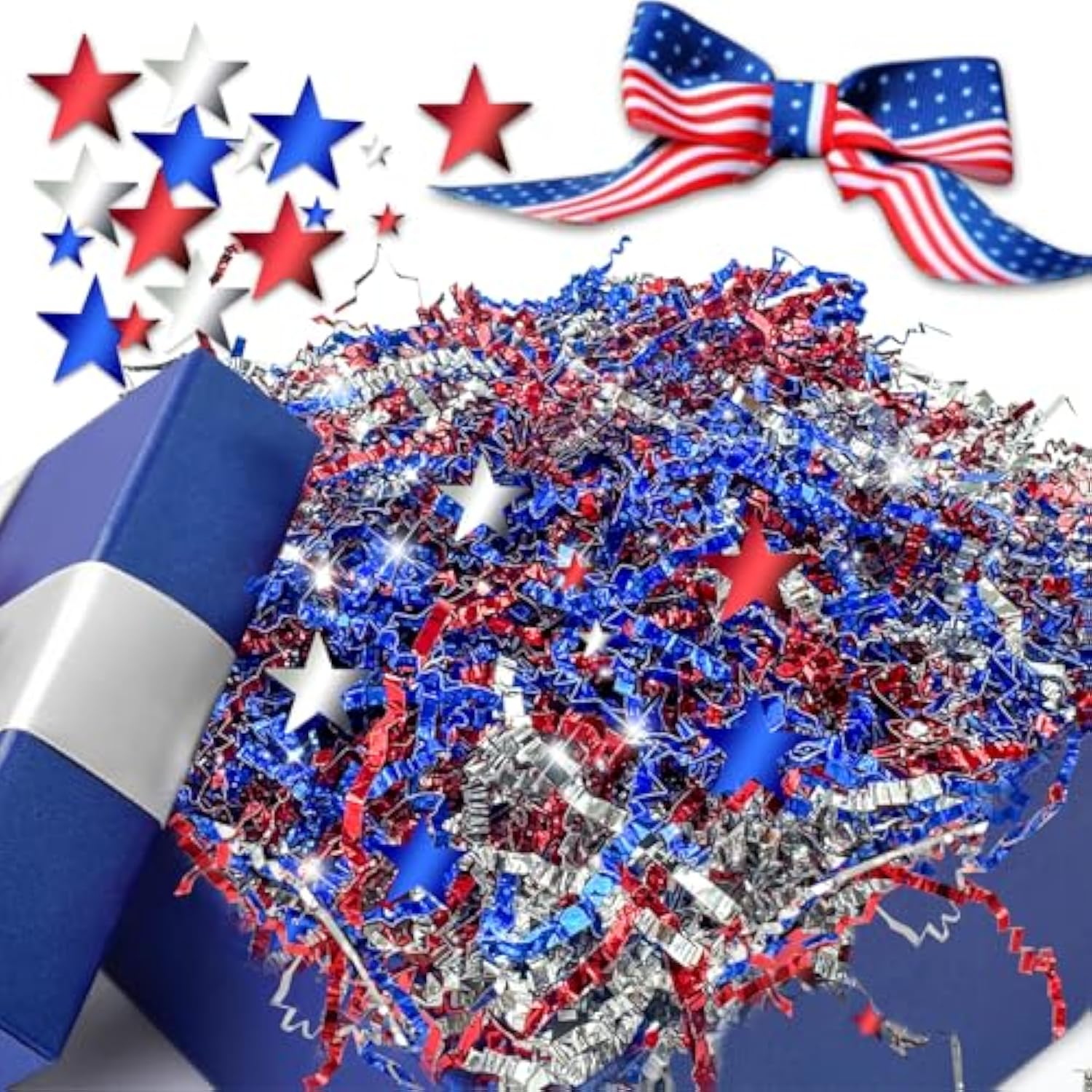 355G/12.5Oz American Patriotic Red Blue Crinkle Cut Paper With Star Confetti,Blue Red White Shred Filler Mix Raffia Tissue Craft Bedding Cushion, Party Birthday Gift Box