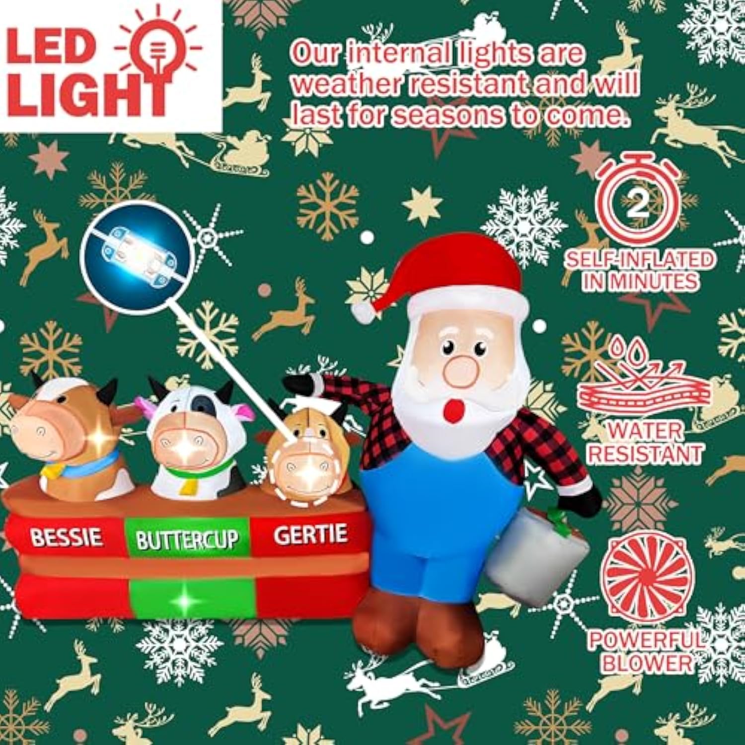 Christmas Inflatables 7Ft Long Santa Claus With Cows Farm Decoration, Led Lighted Xmas Blow Up Cow For Party Indoor Outd
