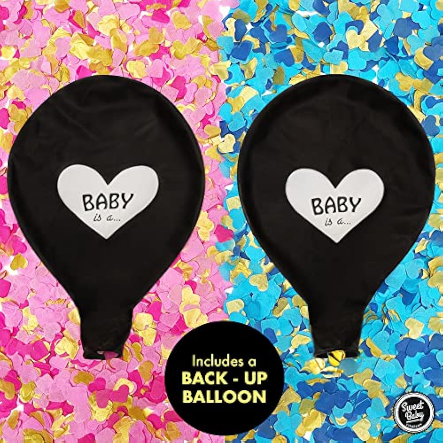 Sweet Baby Co. Jumbo 36 Inch Baby Gender Reveal Balloon | Big Black Balloons With Pink And Blue Heart Shape Confetti Packs For Boy Or Girl | Baby Shower Gender Reveal Party Supplies Decoration Kit