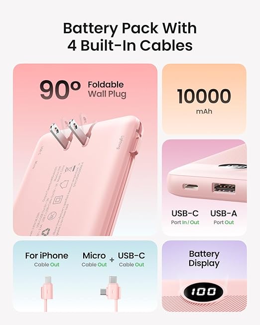 10000mAh Slim USB C Power Bank with Built In Cables Wall Plug LED Display Pink
