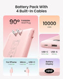 10000mAh Slim USB C Power Bank with Built In Cables Wall Plug LED Display Pink