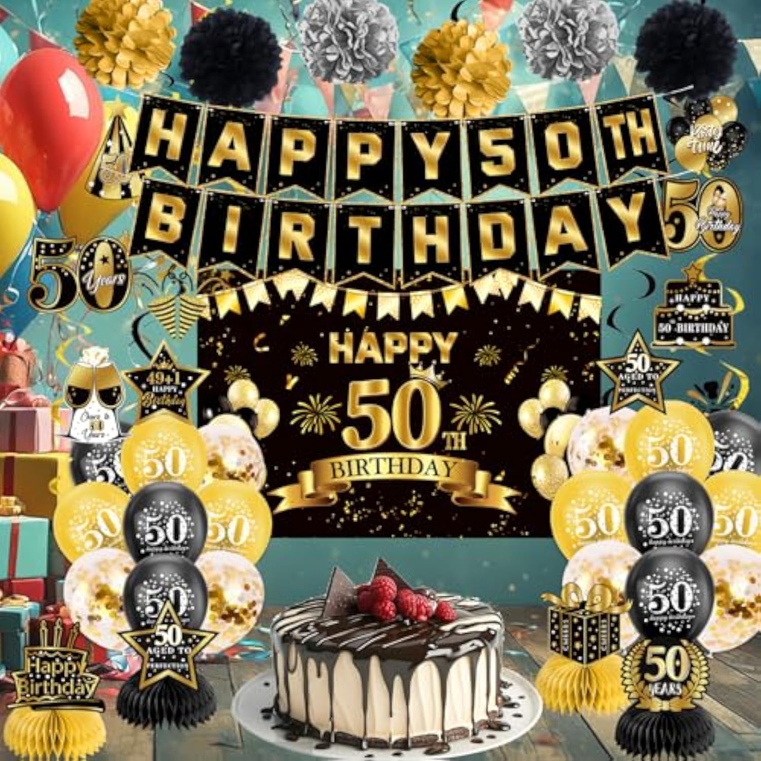 50th Birthday Decorations – Black Gold Banner, Balloons & Party Set
