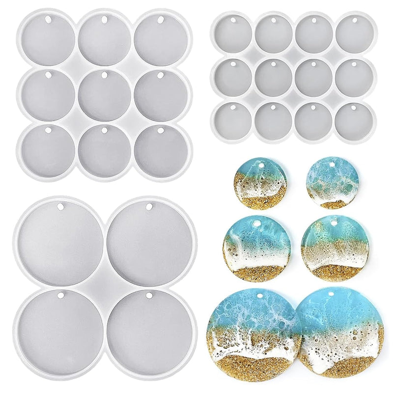 Set Of 3 Sizes Flat Circle Silicone Molds With Hole, Drilled Round Earrings, Pendant, Keychain, Pet Tag, White