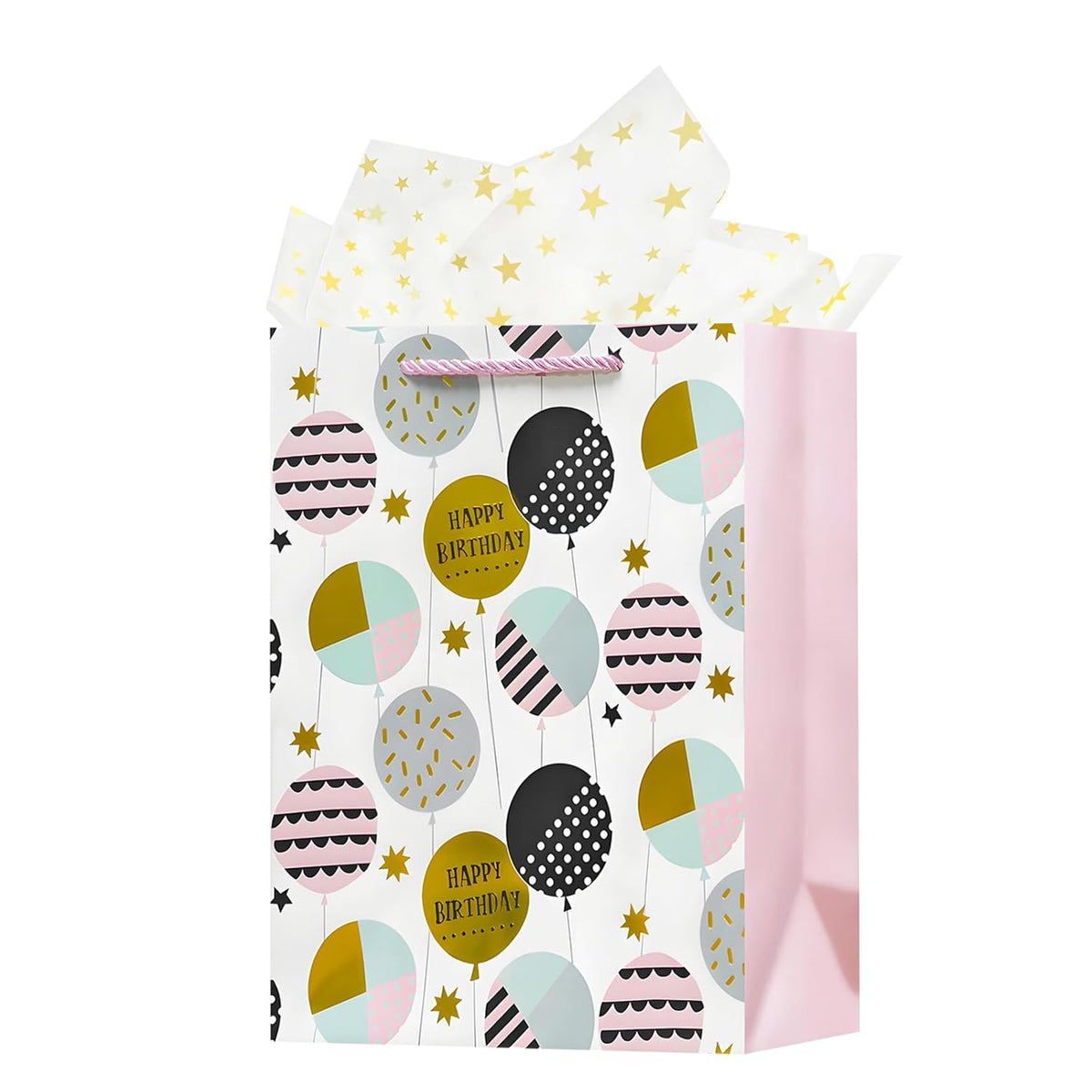 12.6" Medium Happy Birthday Gift Bag With Handles For Women Mom Girls Baby Kids Pink Paper Gift Wrap Bags For Her With Tissue Paper,1Pcs