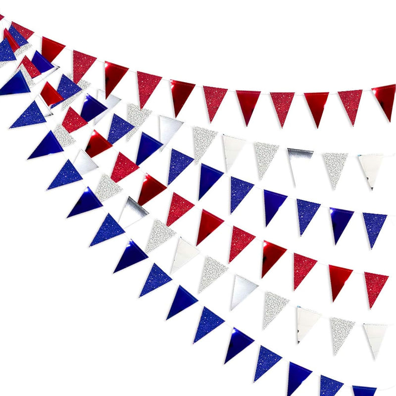 30 Ft Red Silver Blue Triangle Pennant Banner Bunting Double Sided Gli