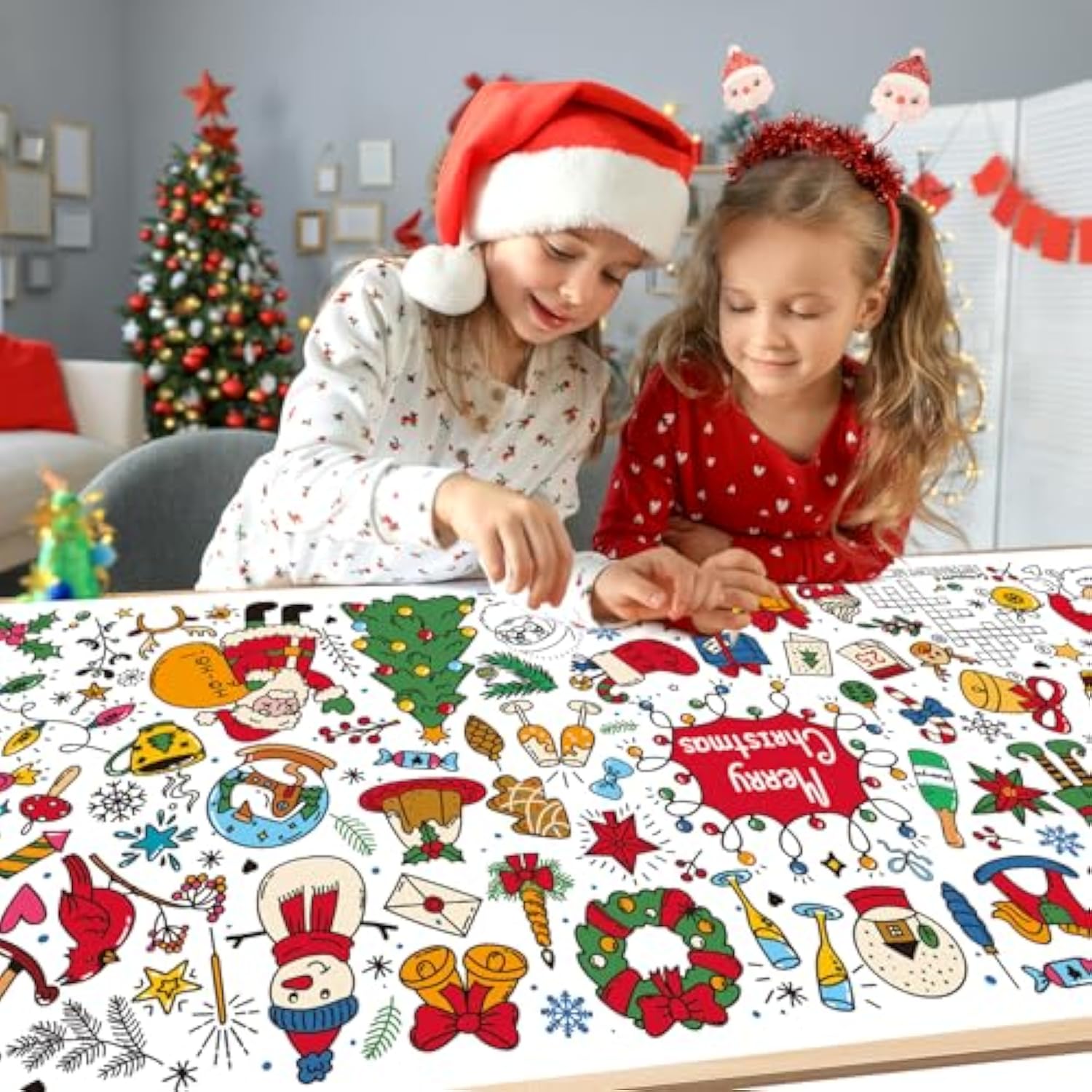 Christmas Large Coloring Table Cloth For Kids Merry Christmas Coloring Xmas Poster Pages Snowman Claus Santa Paper For Classroom Home School Party 71 * 23.6 In