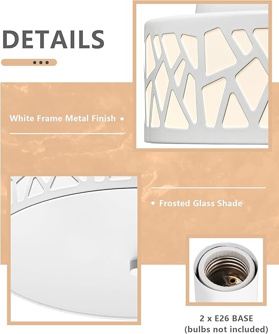 12 Inch Modern Flush Mount Ceiling Light White Metal Frosted Glass 2 Light Fixture