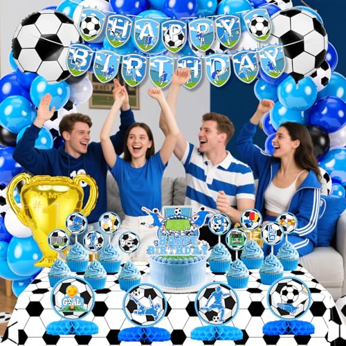 Soccer Birthday Party Decorations, 135PCS Blue Soccer Party Decorations Supplies with Latex Balloons Happy Birthday Banner Tablecloth Backdrop Honeycomb Sport Decorations Kit for Boys Men World Cup