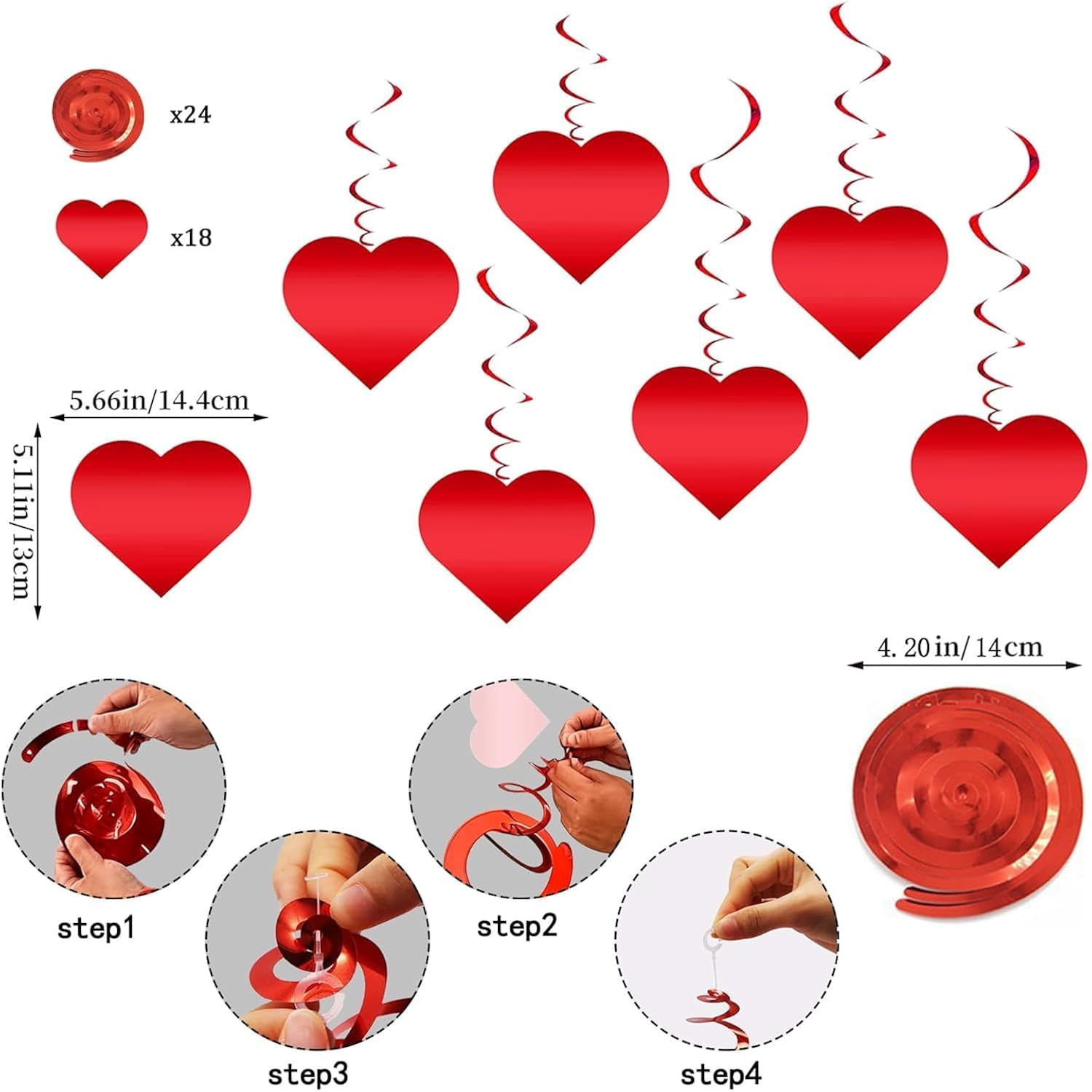 Heart-Shaped Hanging Streamers, 24-Pack - Red Foil Ceiling Decor For Valentine'S Day, Wedding & Party, Create Romantic Swirls & Heart Decorations