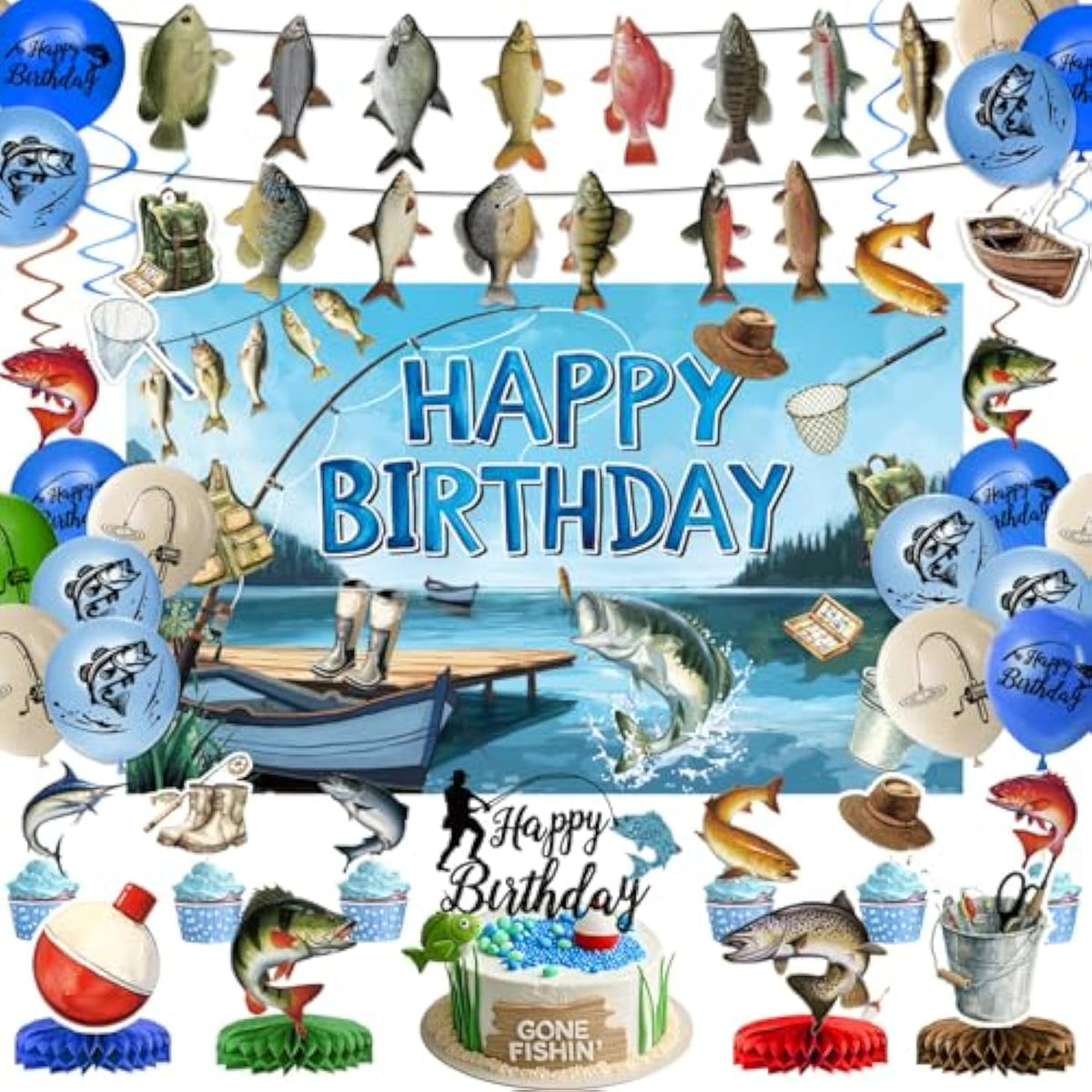 Fishing Birthday Party Decorations Includes Backdrop, Banner, Hanging Swirls, Balloons, Cake & Cupcake Toppers, Honeycomb Centerpieces For Ofishally One Birthday Decorations