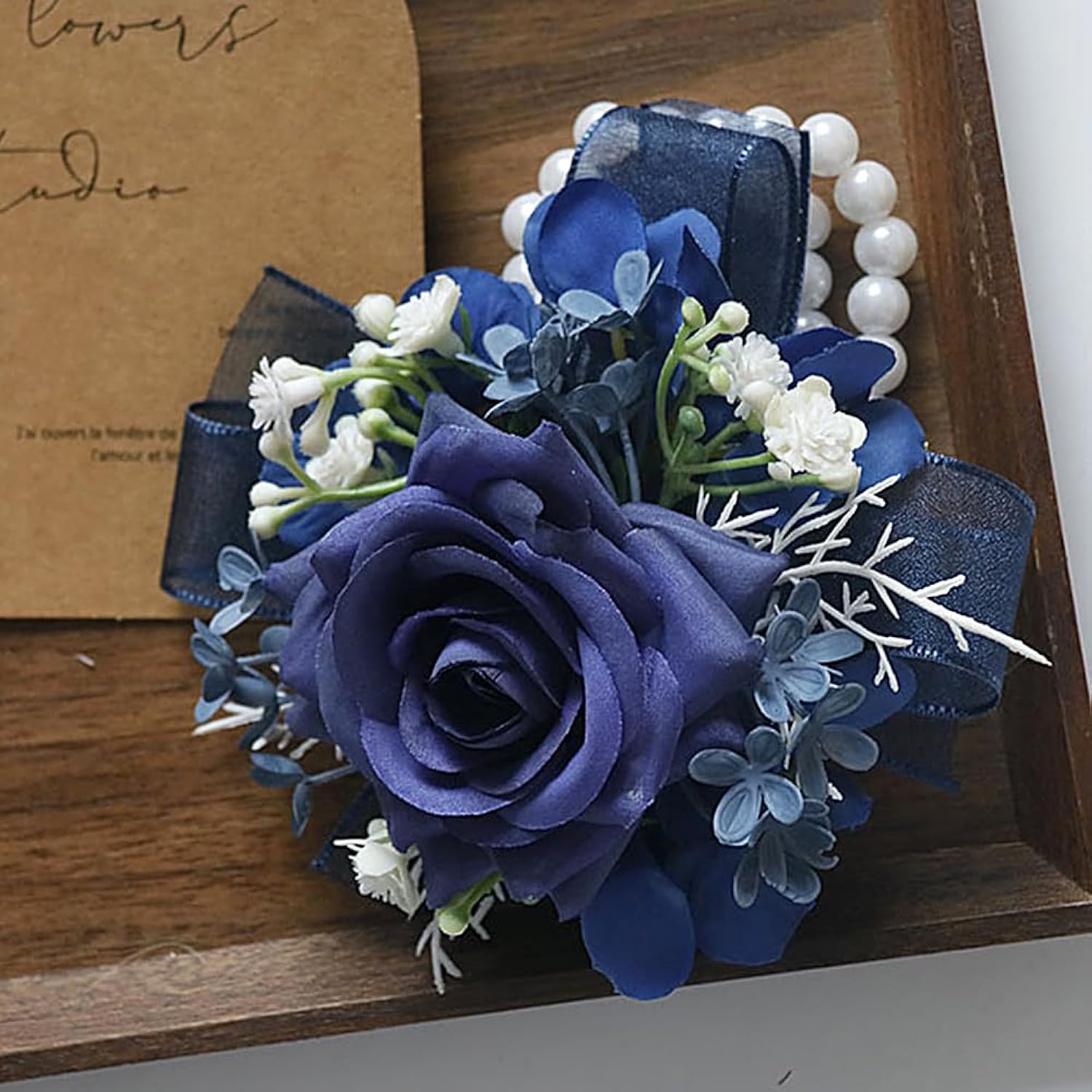 Bridal Prom Rose Wrist Corsage Artificial Flower Pearl Wristlet Bridesmaid Hand Flower Bracelet Wristband For Wedding Ceremony Party (Pearl Flower - Dark Blue)