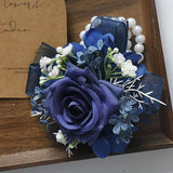 Bridal Prom Rose Wrist Corsage Artificial Flower Pearl Wristlet Bridesmaid Hand Flower Bracelet Wristband For Wedding Ceremony Party (Pearl Flower - Dark Blue)