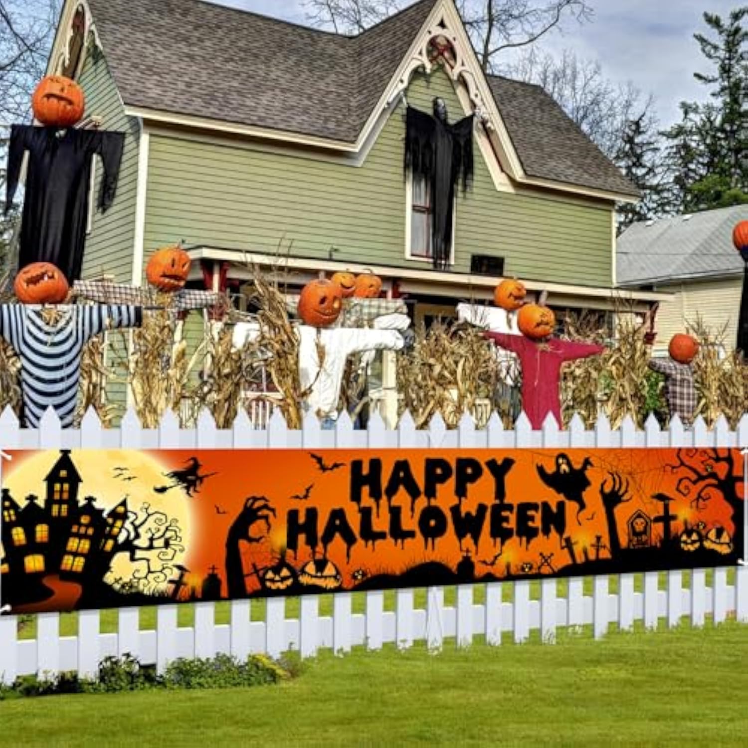 Happy Halloween Banner Large 98.4x19.6 Inch Black Orange Yard Sign Outdoor Decor
