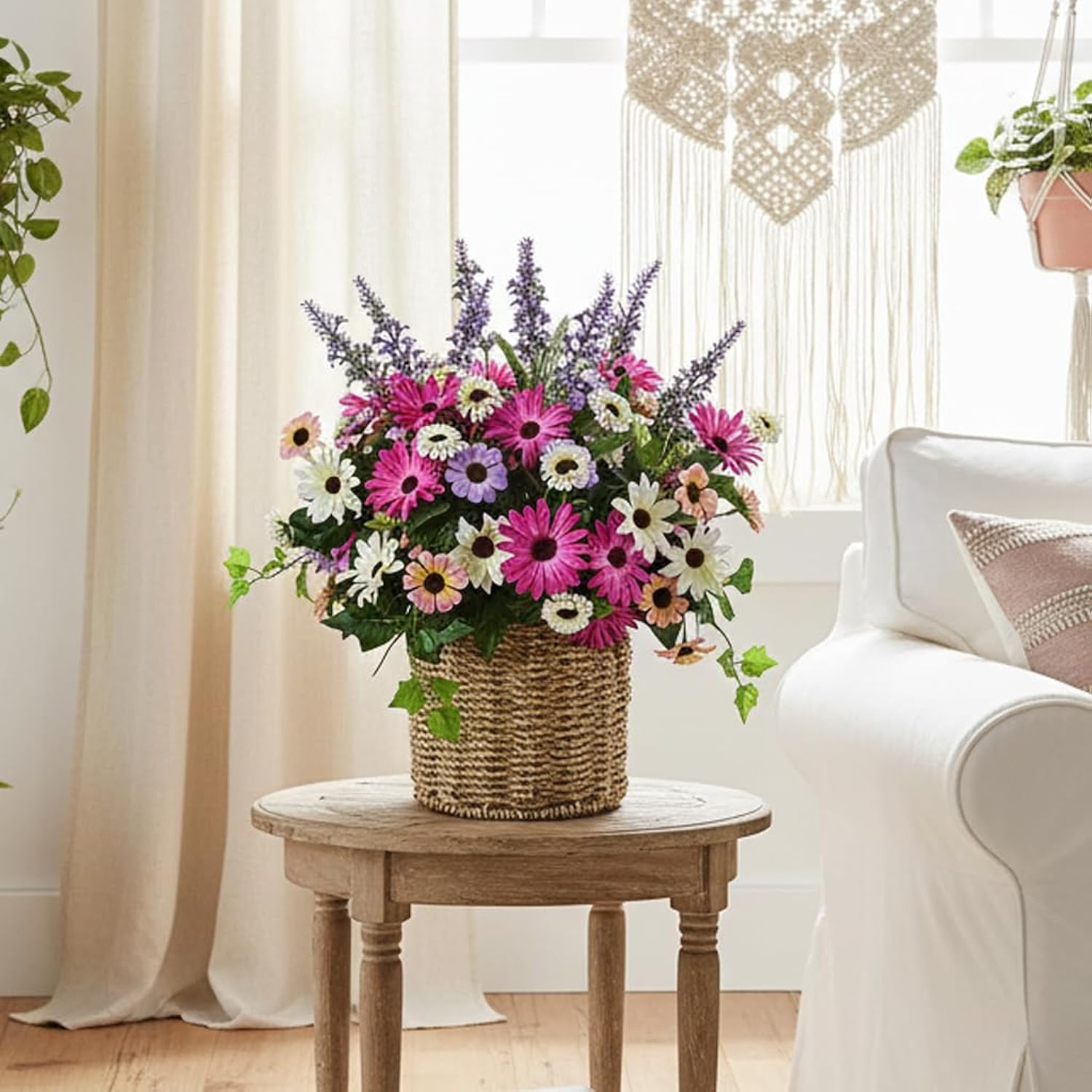 Artificial Wild Flowers With Basket Faux Silk Daisy Chamomiles With Lavender For Centerpiece Table Decoration Country Kitchen Decor For Cozy Welcoming Home Balcony Decor Rv-Decor