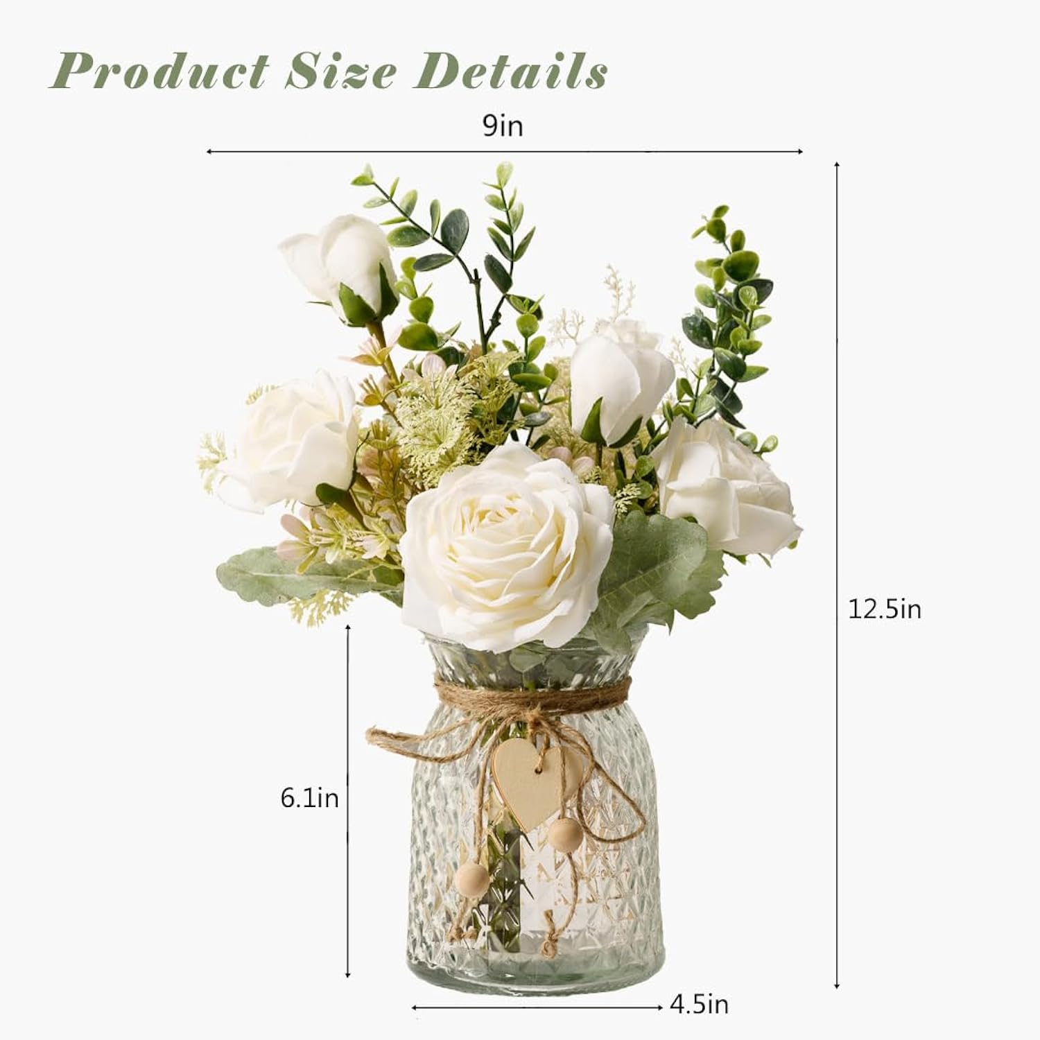 Fake Flowers With Vase, Silk Roses Artificial Flowers In Vase, Faux Flower Plant Arrangement Suitable For Home Office Decoration, Dining Table Centerpiece(White)