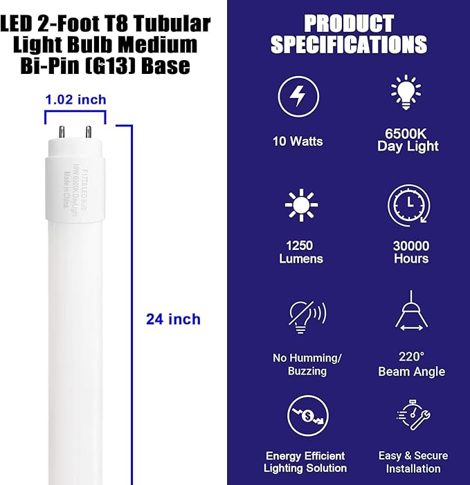6 Pack 2FT Type B F17T8 LED Replacement Bulbs 10W 1250LM G13 Ballast Bypass Tube Lights