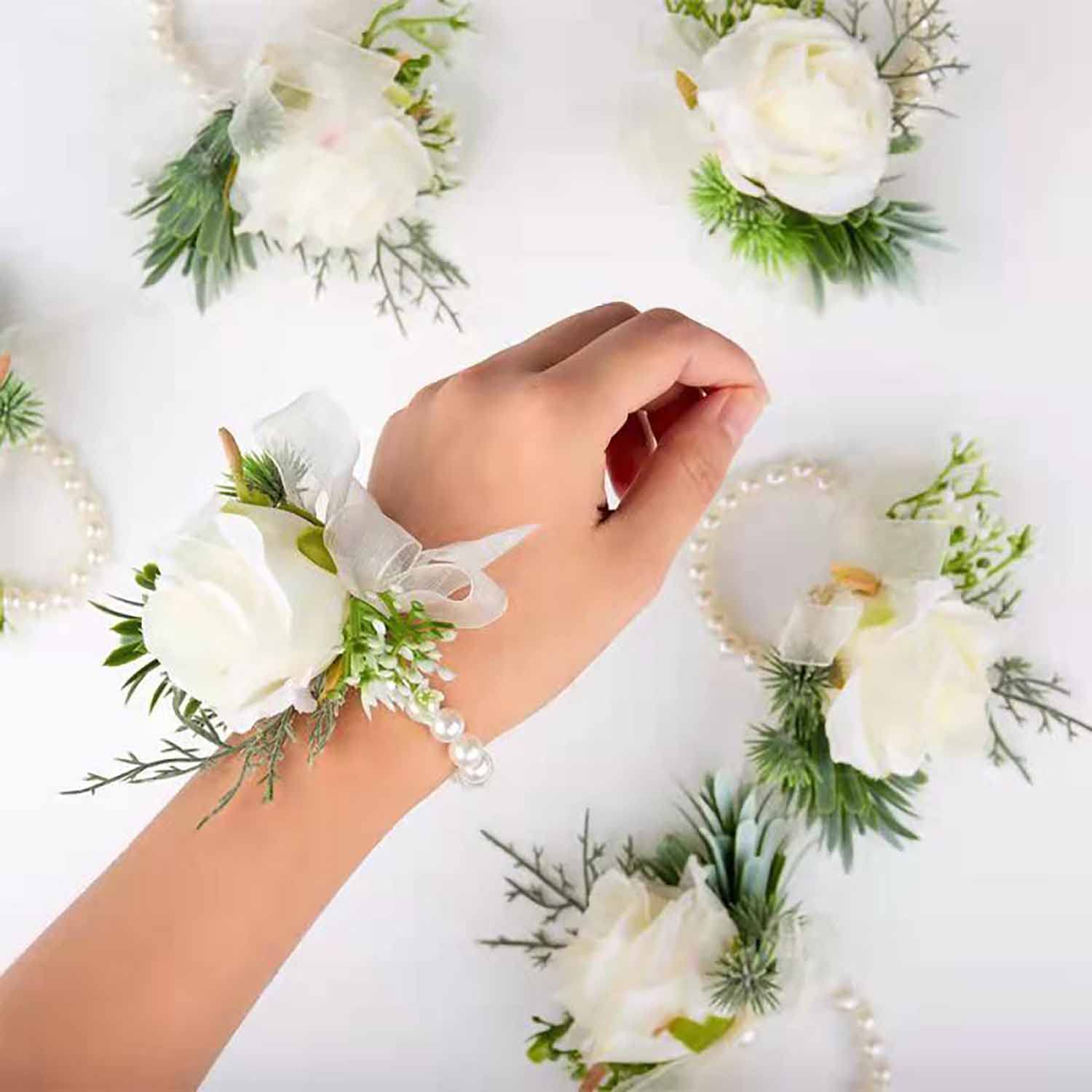 2 Pcs Wedding White Rose Wrist Flowers Artificial Rose Flowers For Ceremony Prom Party Accessories