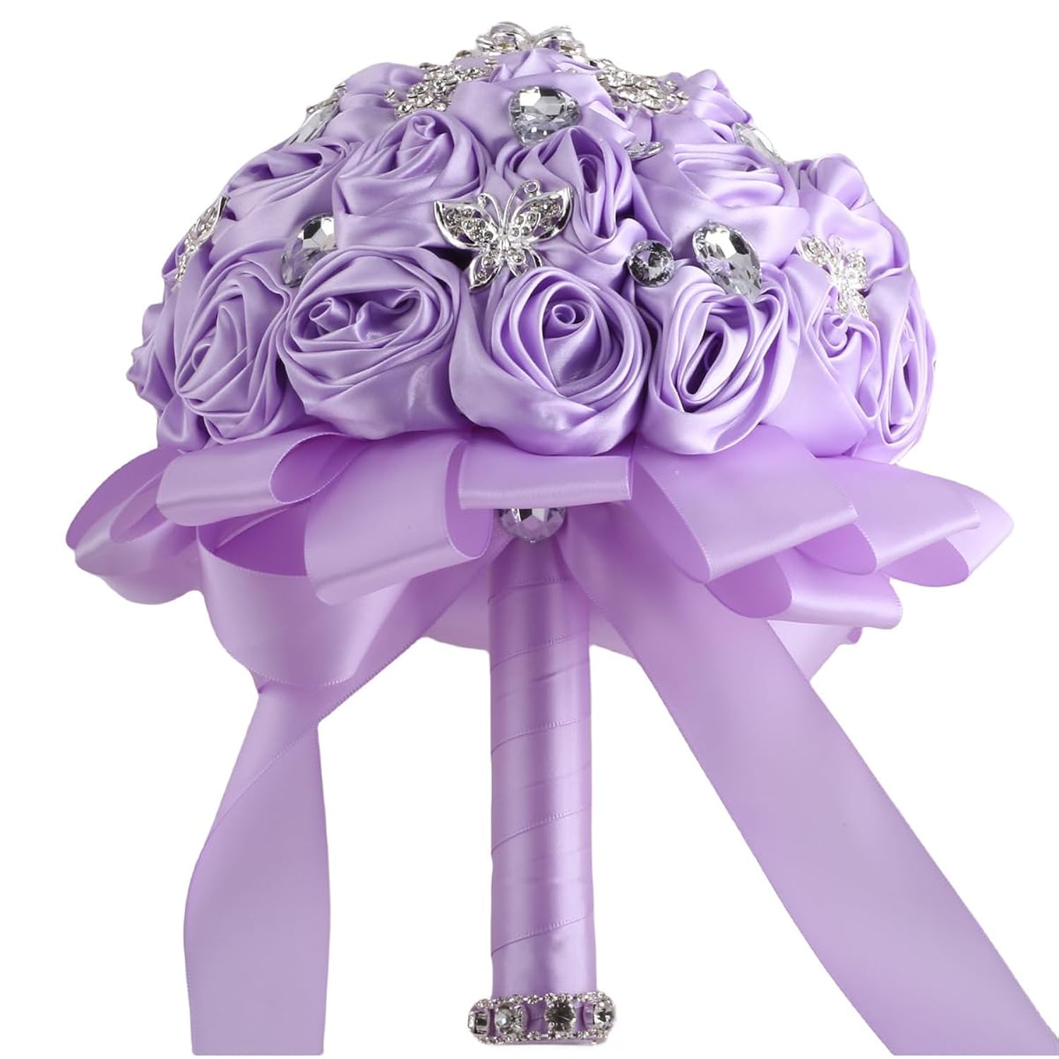 7.5" Light Purple Bridal Wedding Bouquet Throw Toss Artificial Rose Flower Bunch With Bling Brooch For Bride Bridesmaid Wedding Quinceanera