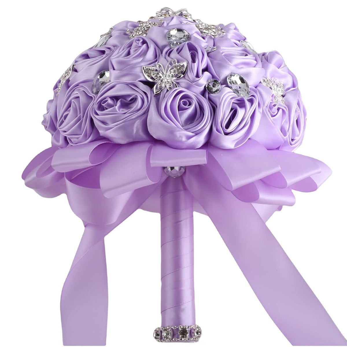 7.5" Light Purple Bridal Wedding Bouquet Throw Toss Artificial Rose Flower Bunch With Bling Brooch For Bride Bridesmaid Wedding Quinceanera