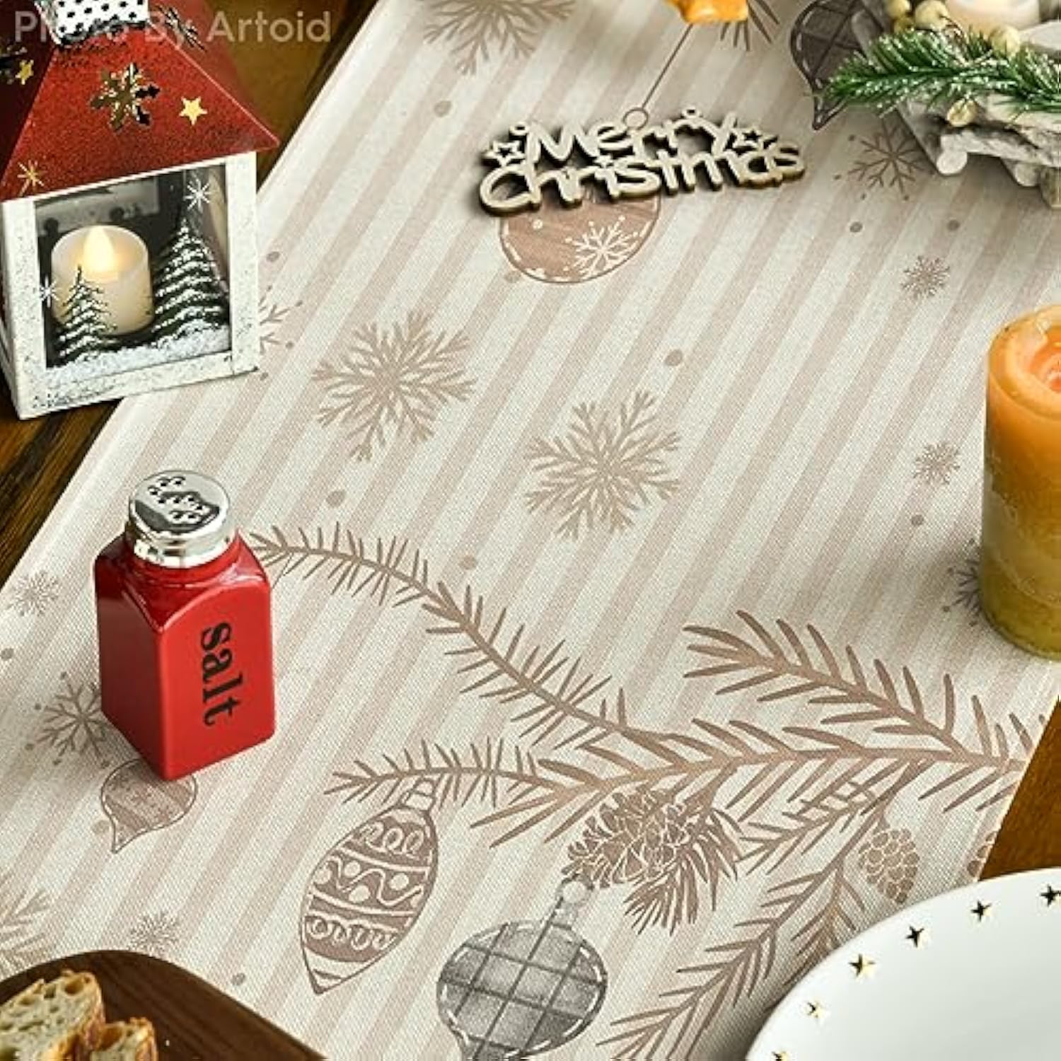 Stripes Pine Trees Merry Christmas Table Runner, Winter Xmas Holiday Kitchen Dining Table Decoration For Home Party Decor 13X72 Inch