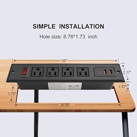 Recessed Power Strip Desk Outlet 4 AC Outlets USB C 20W PD Fast Charger Black