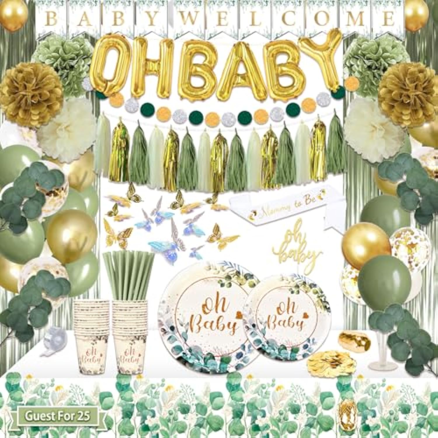 217PCS Sage Green Baby Shower Decor & Tableware Set for 25 Guests