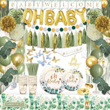 217PCS Sage Green Baby Shower Decor & Tableware Set for 25 Guests