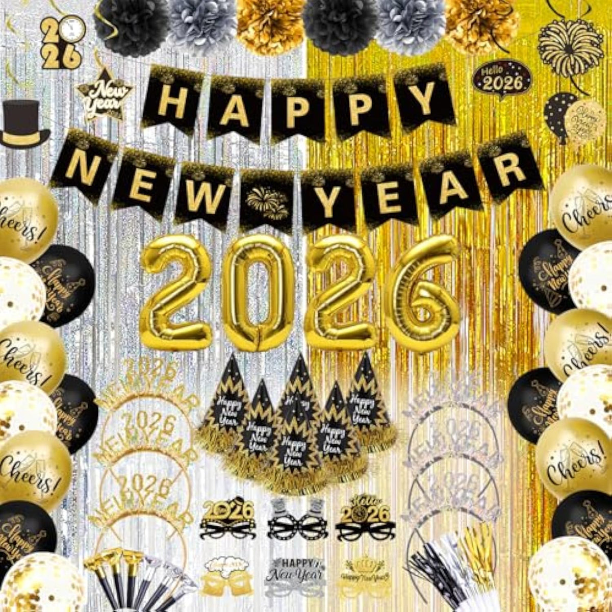 60pc Gold & Black 2026 New Year Party Kit Balloons, Hats & Photo Props
