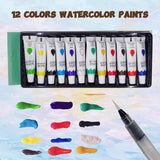 Mini Watercolor Paint Set Portable, 12 Color Pocket Artist Watercolour Travel Palette Set, Wooden 8 Grids Paint Palette Box With Binder Clips Sketchbook And Storage Bag