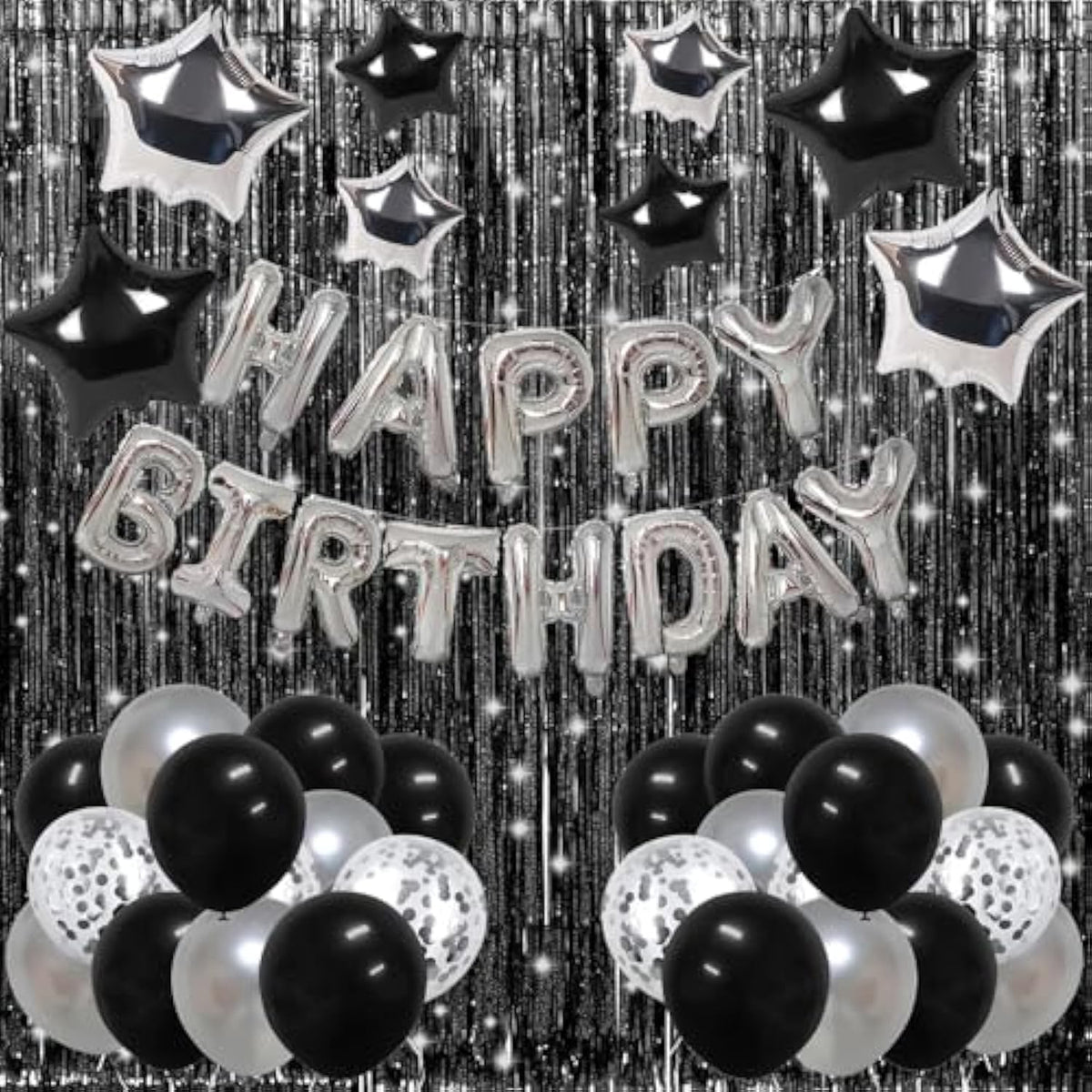 Silver And Black Happy Birthday Decorations For Boys Men Girls Women, Foil Happy Birthday Banner, Fringe Curtains, Star Balloons For Him Her 13Th 16Th 18Th 20Th 21St 25Th 30Th 40Th 50Th 60Th Birthday