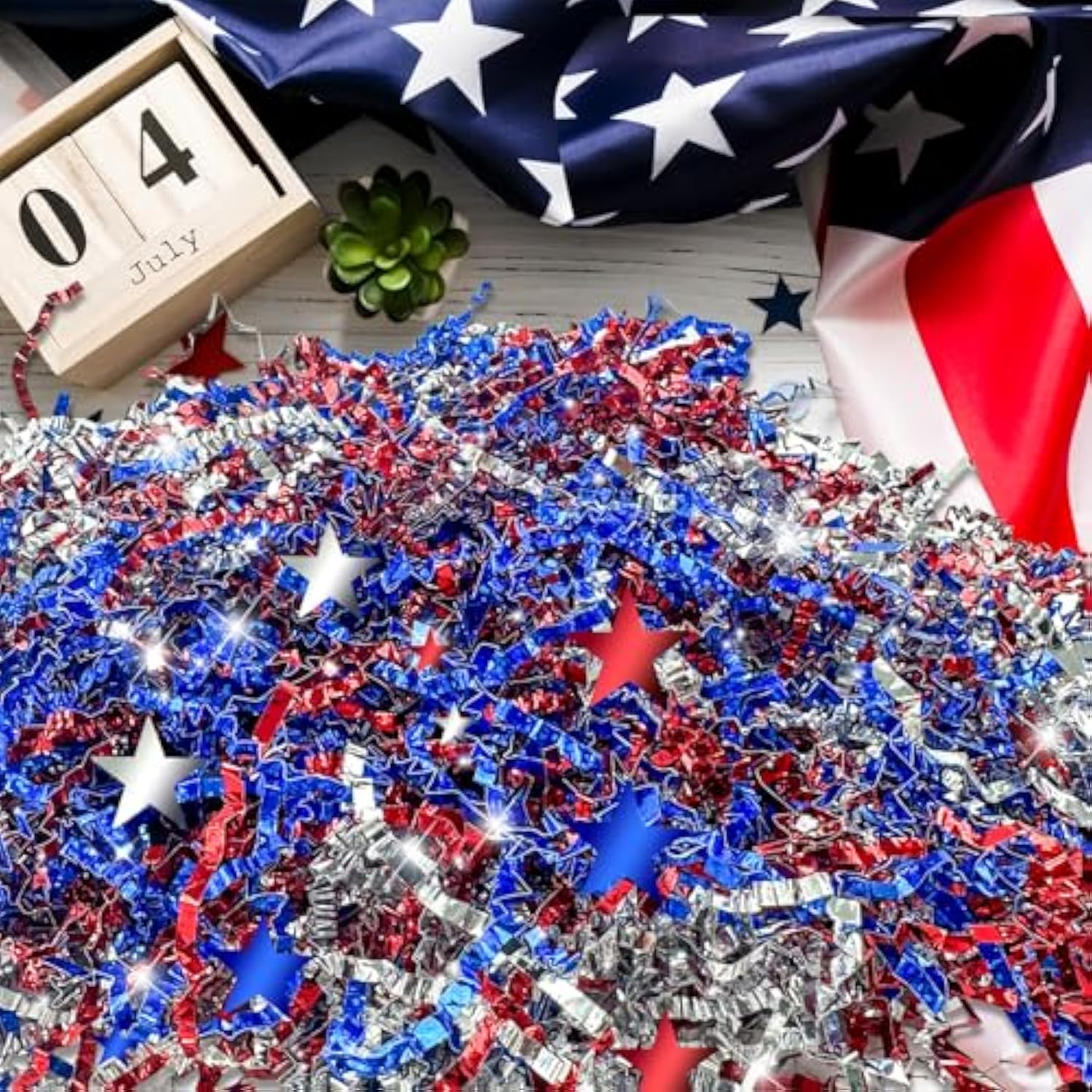 355G/12.5Oz American Patriotic Red Blue Crinkle Cut Paper With Star Confetti,Blue Red White Shred Filler Mix Raffia Tissue Craft Bedding Cushion, Party Birthday Gift Box