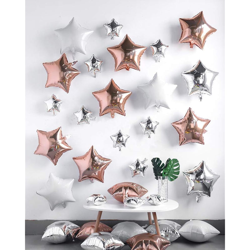 Rose Gold Star Foil Balloons, 15Pcs 18Inch White Silver Rose Gold Ball