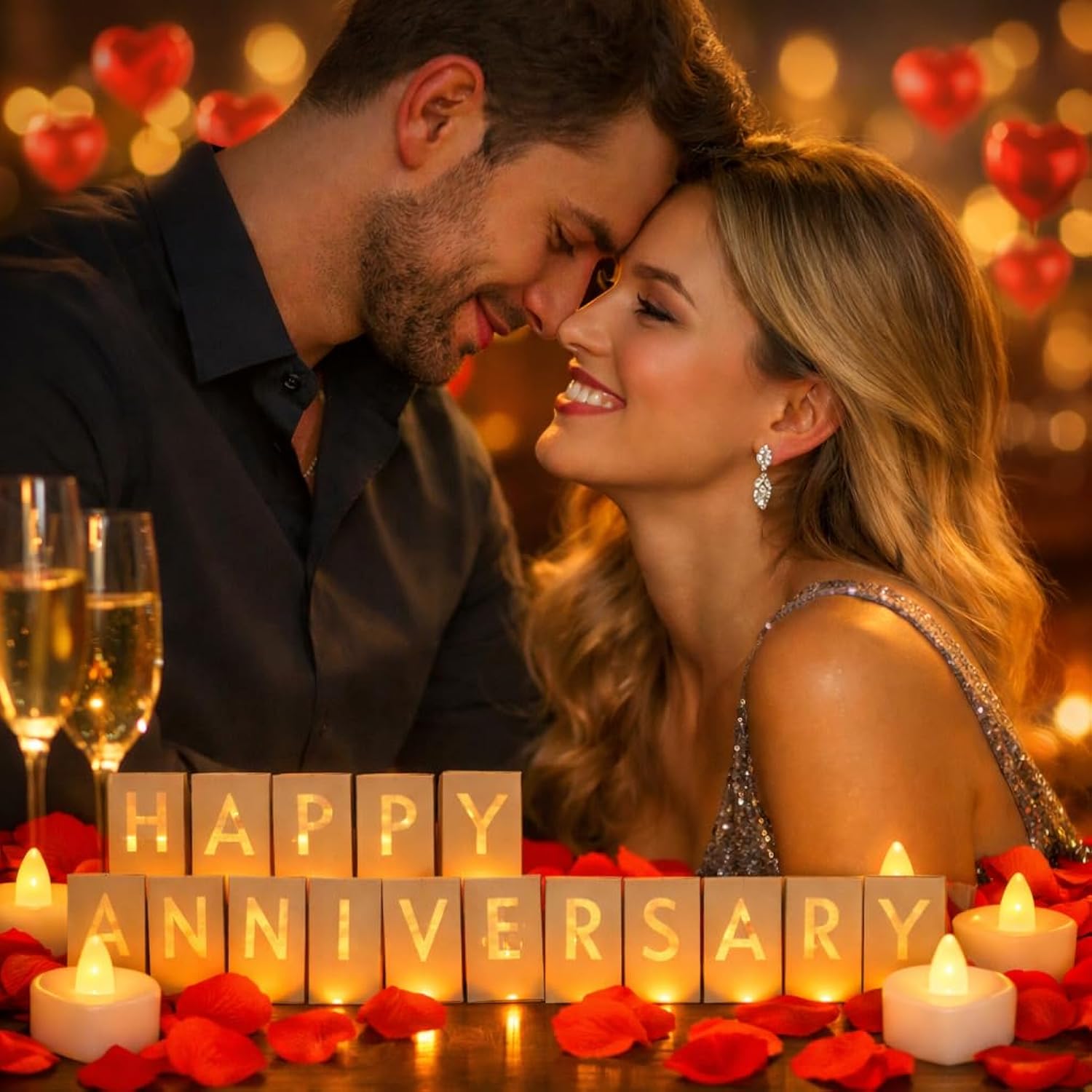 Happy Anniversary Light Up Letters, Include Light Up Letters, With Tea Lights Candles, Latex Balloons, Aluminum Balloons And Rose Petals, Anniversary And Valentines' Day Decorations