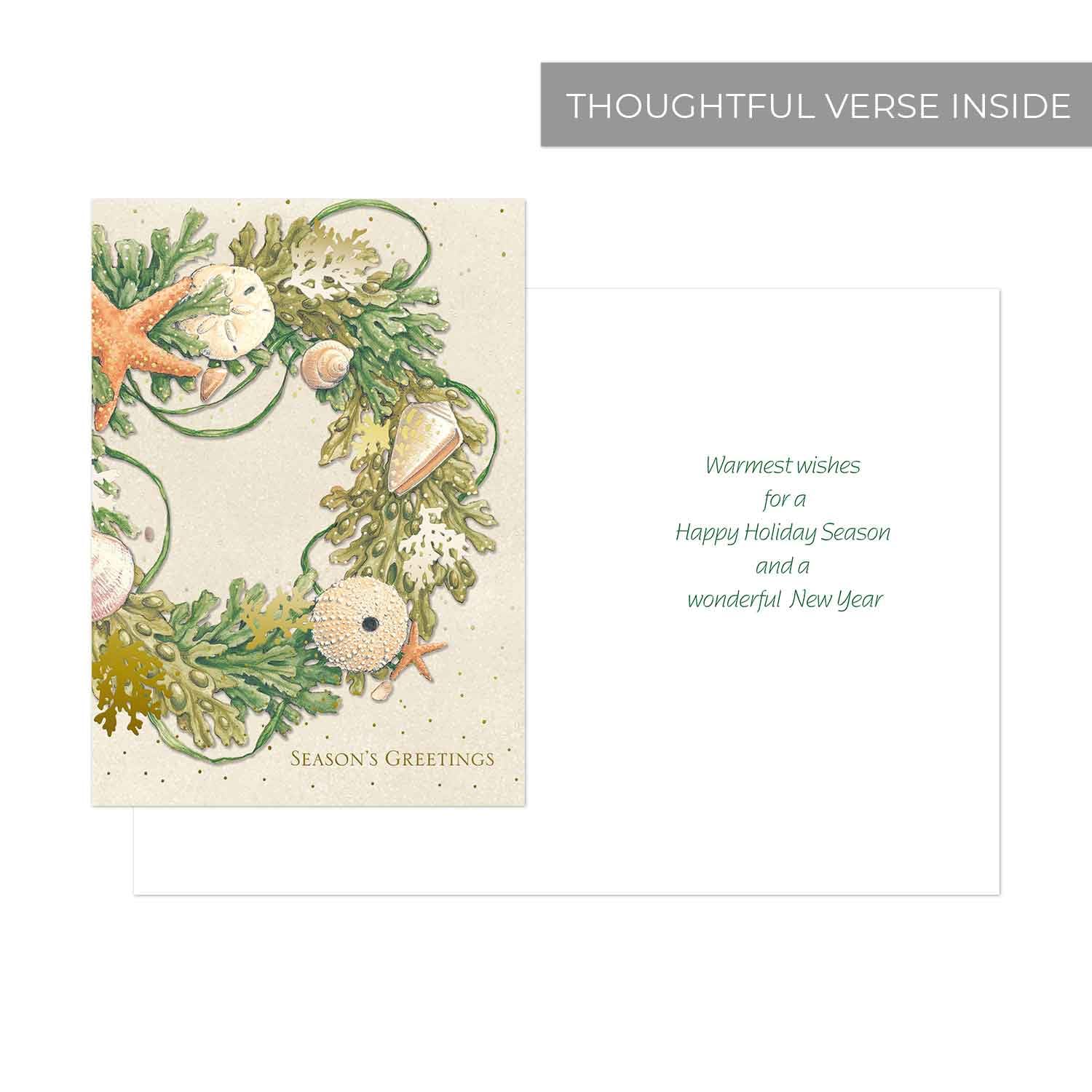 Masterpiece Shell Wreath Christmas Cards / 16 Boxed Holiday Vacation Cards Set With Coordinating Gold Foil Lined White Envelopes / 5 5/8" X 7 7/8" Folded Winter Greeting Cards With Gold Foil And